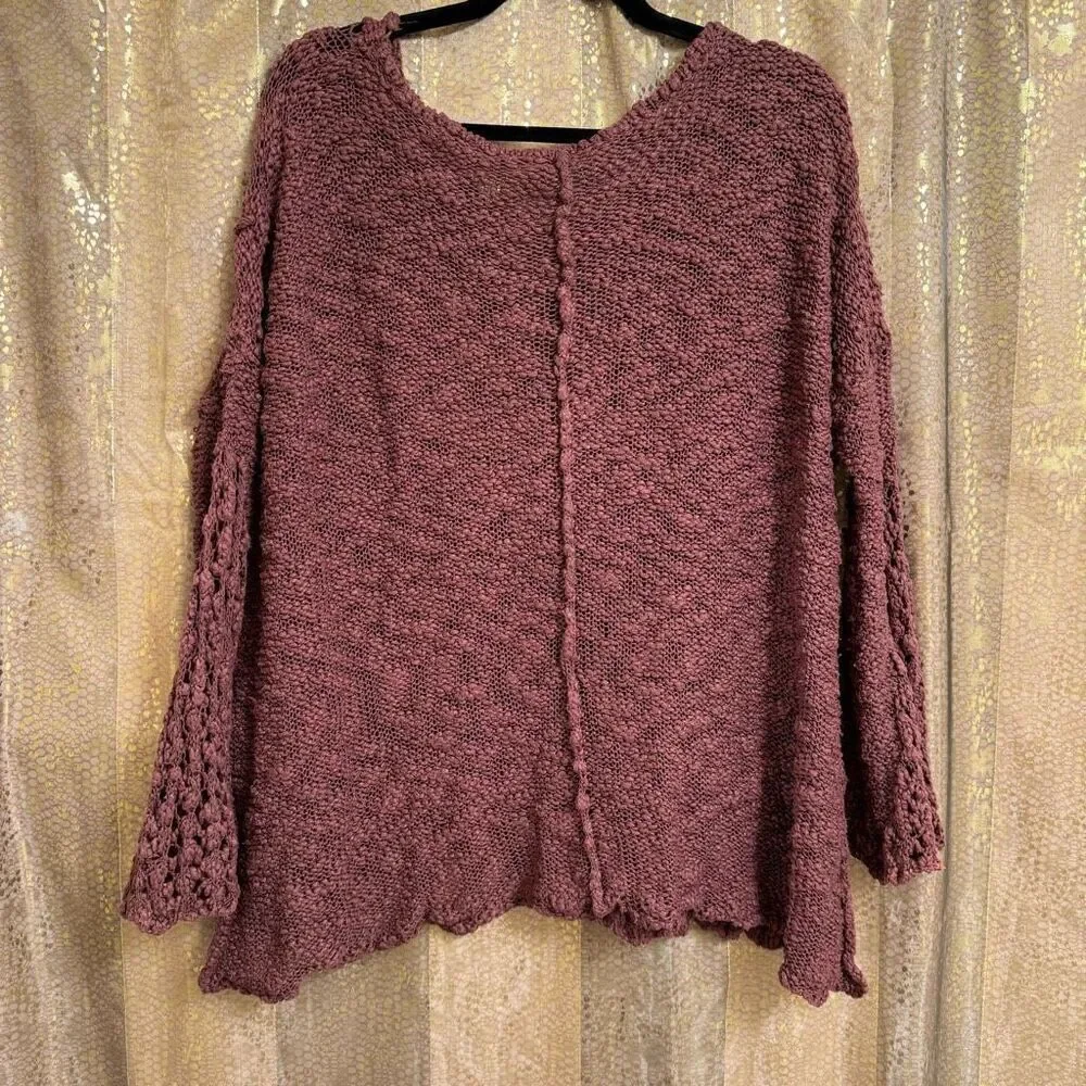 Free People Maroon Boho Chunky Open Knit Bell Sleeve‎ Sweater Oversized XS